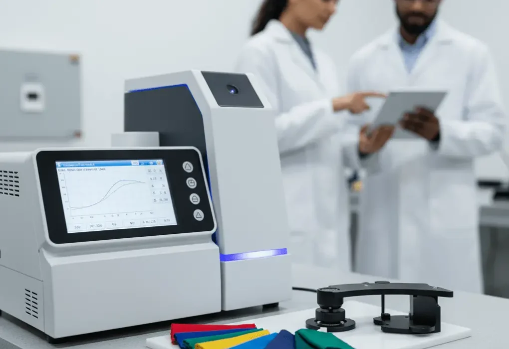 A lab technician using the best textile spectrophotometer for color matching