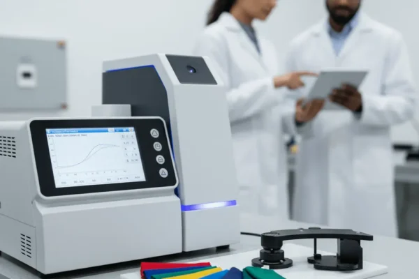 A lab technician using the best textile spectrophotometer for color matching