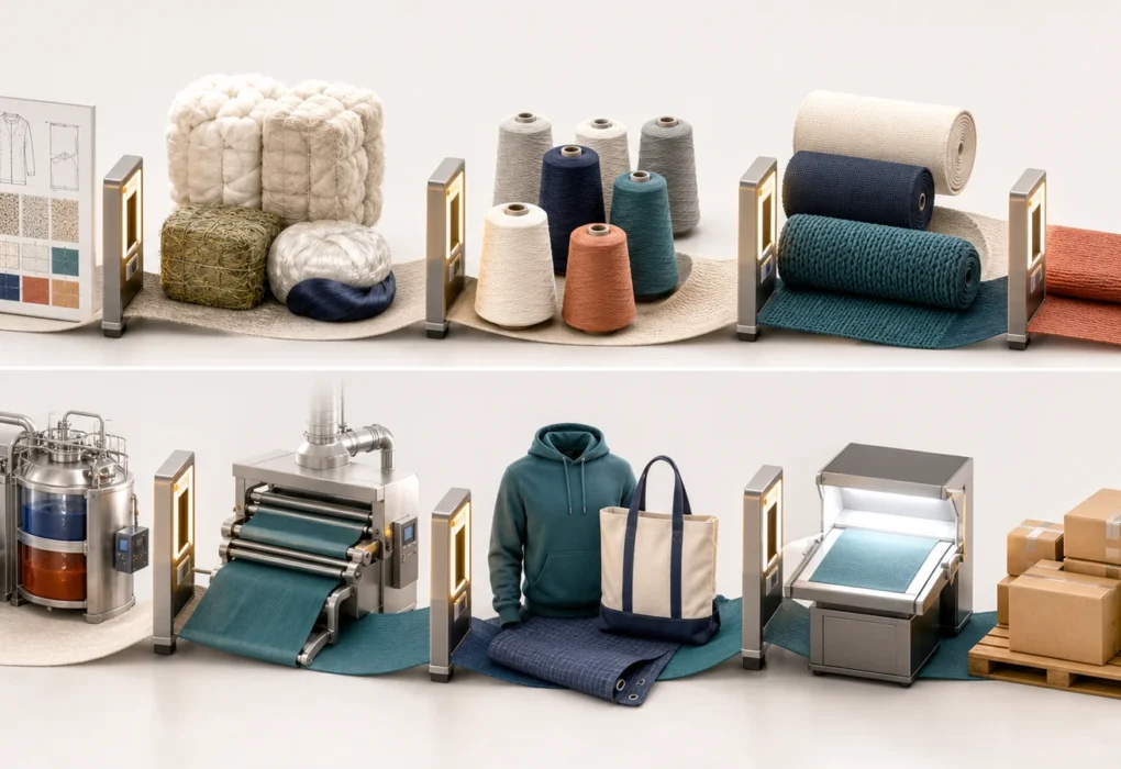 Textile manufacturing process from product specification and fiber selection to finished-product inspection and dispatch