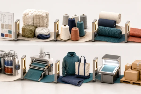 Textile manufacturing process from product specification and fiber selection to finished-product inspection and dispatch