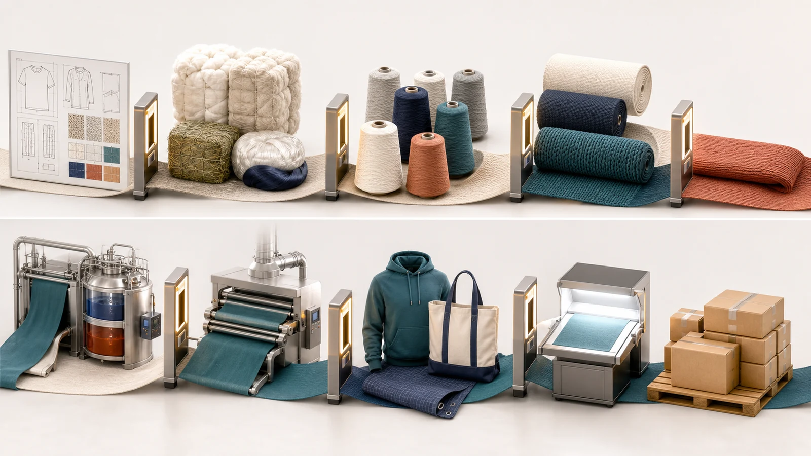 Textile manufacturing process from product specification and fiber selection to finished-product inspection and dispatch
