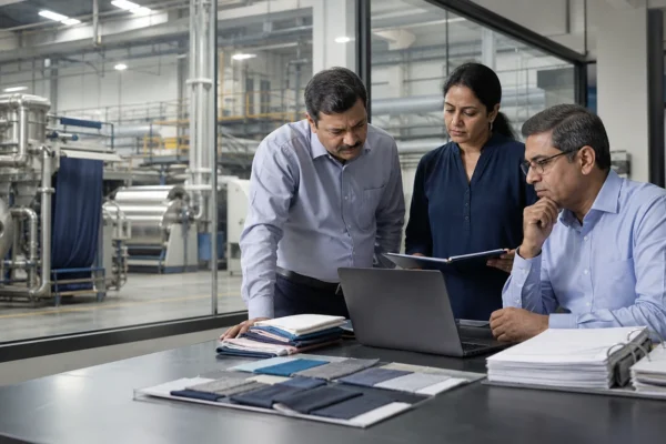 Textile mill team evaluating sustainability compliance costs and ROI