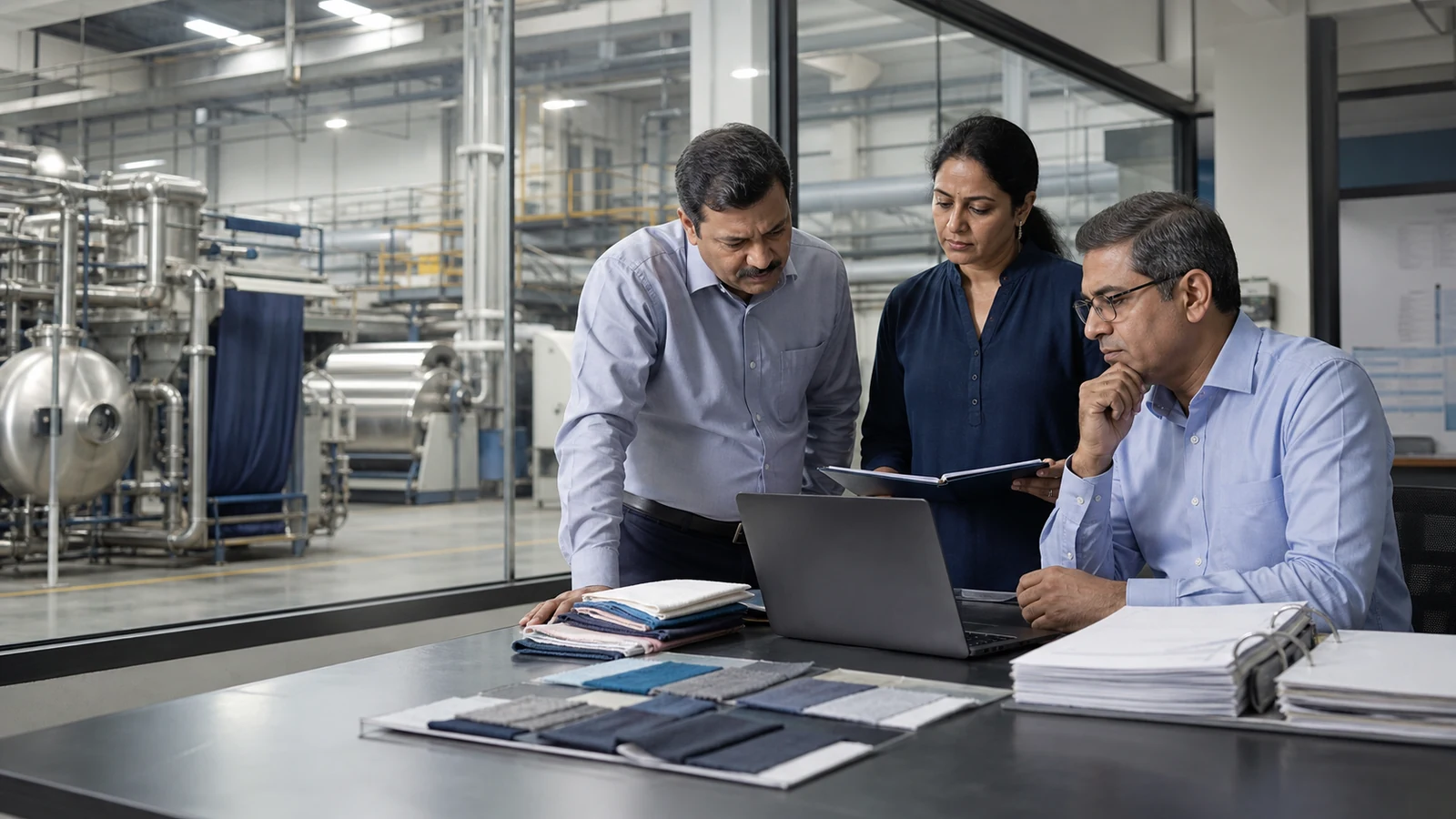 Textile mill team evaluating sustainability compliance costs and ROI