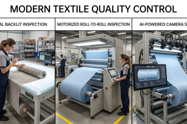 Manual, motorized and AI vision fabric inspection systems compared in a textile factory.