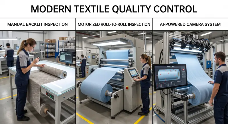 Manual, motorized and AI vision fabric inspection systems compared in a textile factory.
